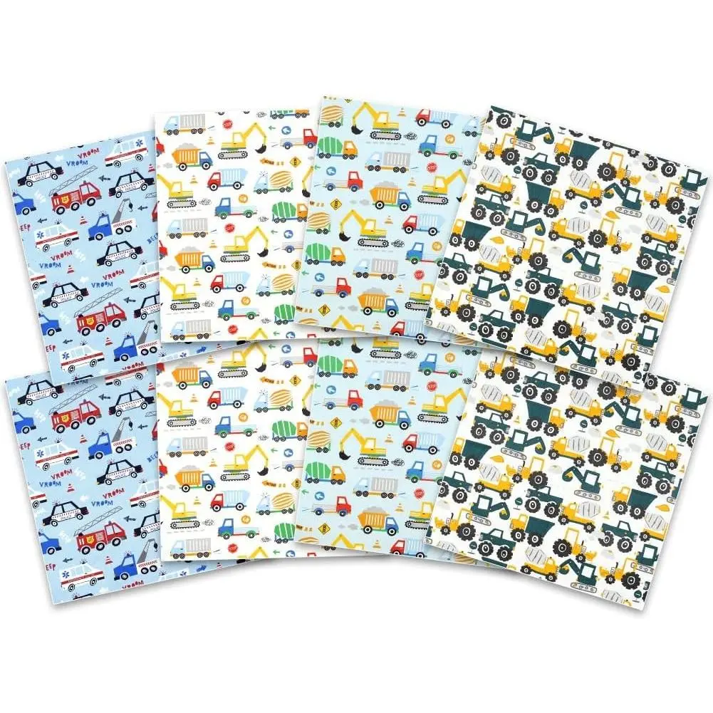 8 PCS Excavator Construction Truck Tractor Fat Quarters Fabric Bundles, 20x20 Inches Cotton Polyester Quilting Material for Sewing, Patchwork, DIY CraftsGift