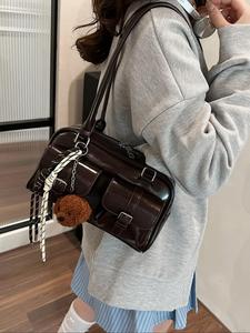 women's elegant solid color boston bag, fashionable multi-pocket bag with bear charm decor, casual trendy versatile high-quality daily commuting bag