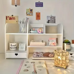 Solid Wood Multi-Layer Desktop Bookshelf, Office Desk Organizer, Space-Saving Storage Rack, Rectangular Cosmetic and Book Holder