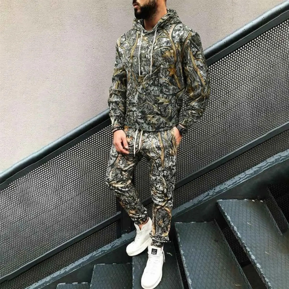 Men's 2-Piece Polyester Fitted Camouflage Sportswear Set - Male Long Top Drawstring Hooded Sweatshirt, Elastic Waist Cuff Jogging Pants, Soft Lightweight Camping Wear for Autumn Winter Warmth, Machine Wash, Two-Pieces