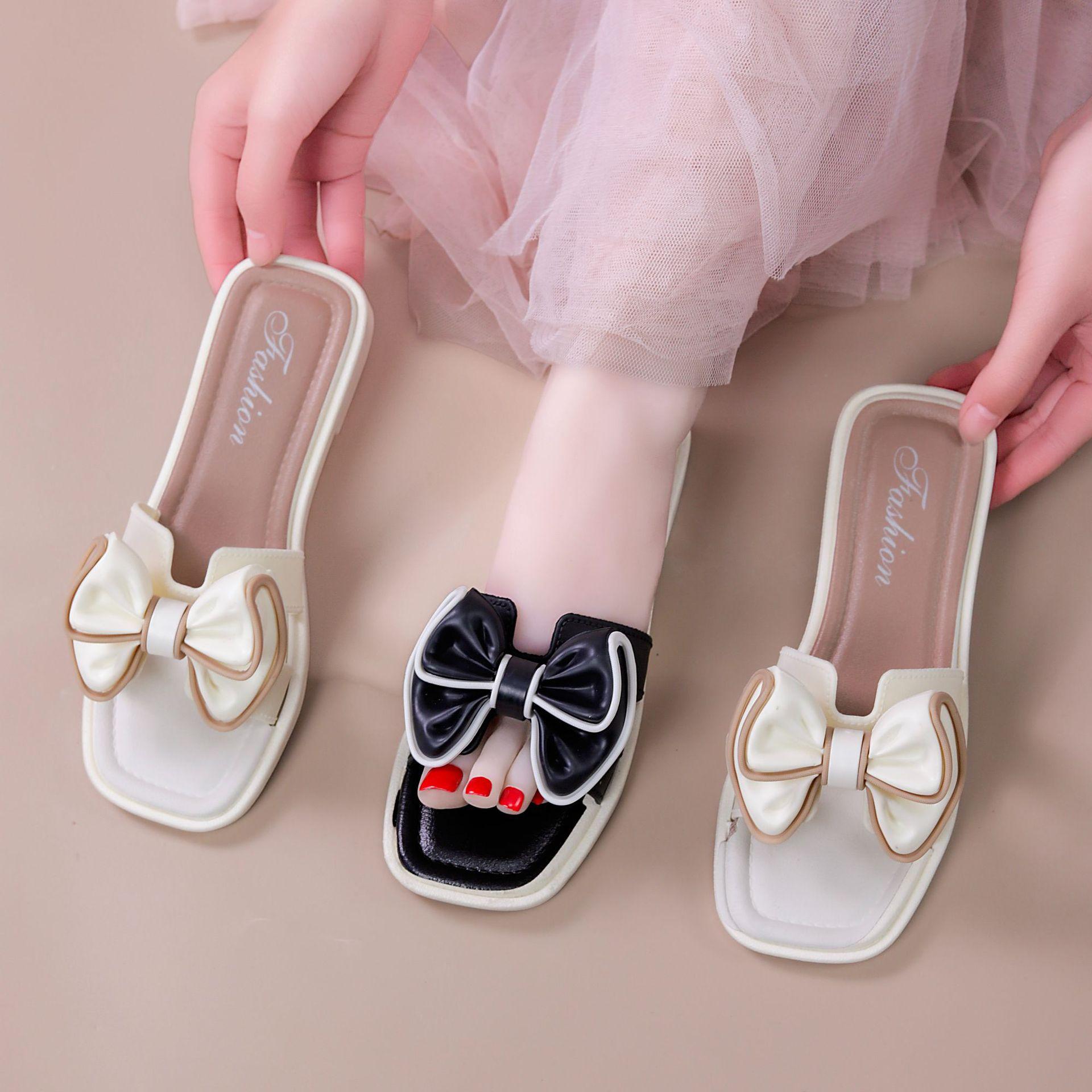 New summer bowknot women's sandals for outdoor wear, non-slip soft-soled flat fashionable home and outdoor slippers