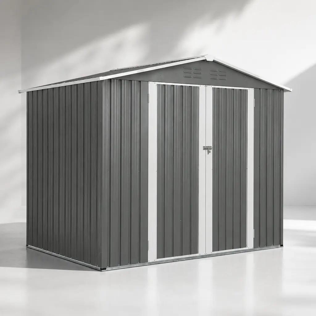 8x6 FT Outdoor Metal Storage Shed, Galvanized Steel Garden Tool House with Lockable Doors, Air Vents, Pitched Roof, Gray
