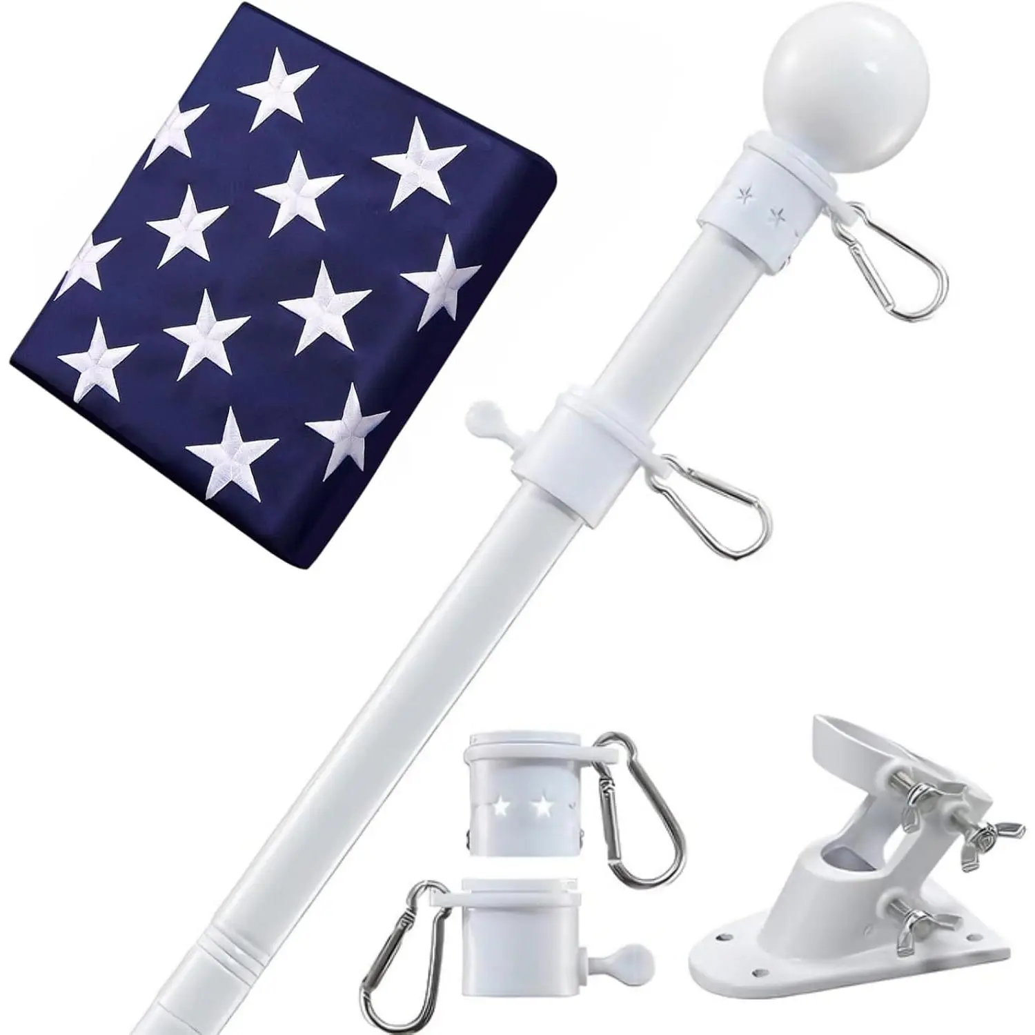 Heavy Duty 5ft Tangle Free Metal Residential Flag Pole Kit with 3x5 Embroidered US Flag, Holder Bracket, White Flag Pole for Outside House, Porch Outdoor