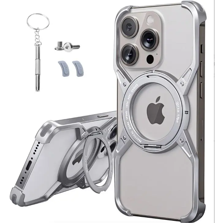 Damatek Rotating Magnetic Kickstand Metal Casing for iPhone 17 Pro Max/16, Polycarbonate & Hollow Aluminum Alloy Smartphone Accessory, Protection, Heat Dissipation, Borderless Design, Gaming Cooling, Personalized Hands-Free Viewing Cover