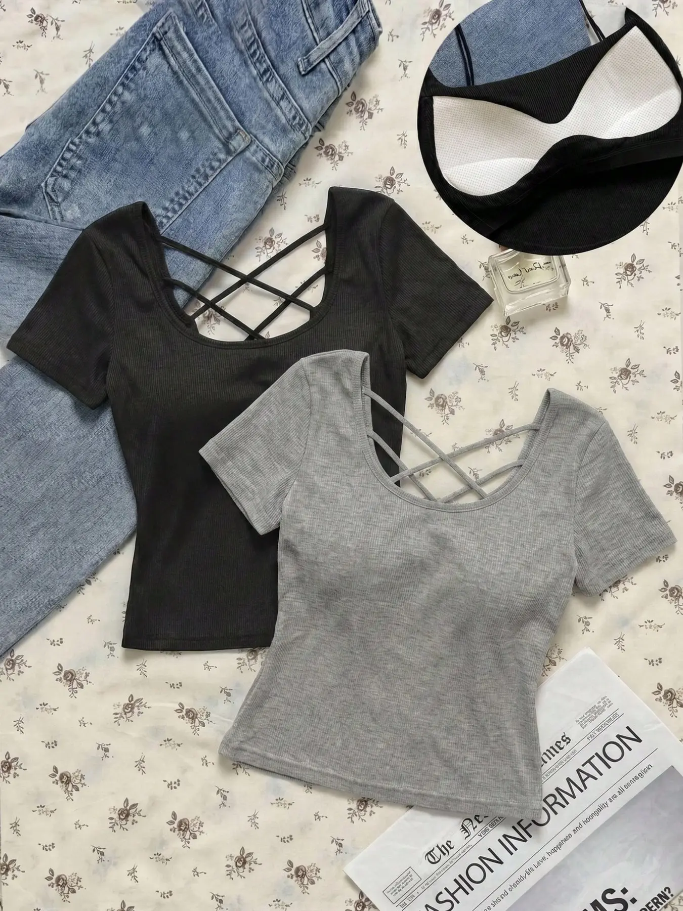 2-Pack Women's Elastic Stretchy U-Neck Backless Short Sleeve T-Shirts with Padded Design, Summer Casual Daily Wear, Perfect for Outing and Commute, Tops