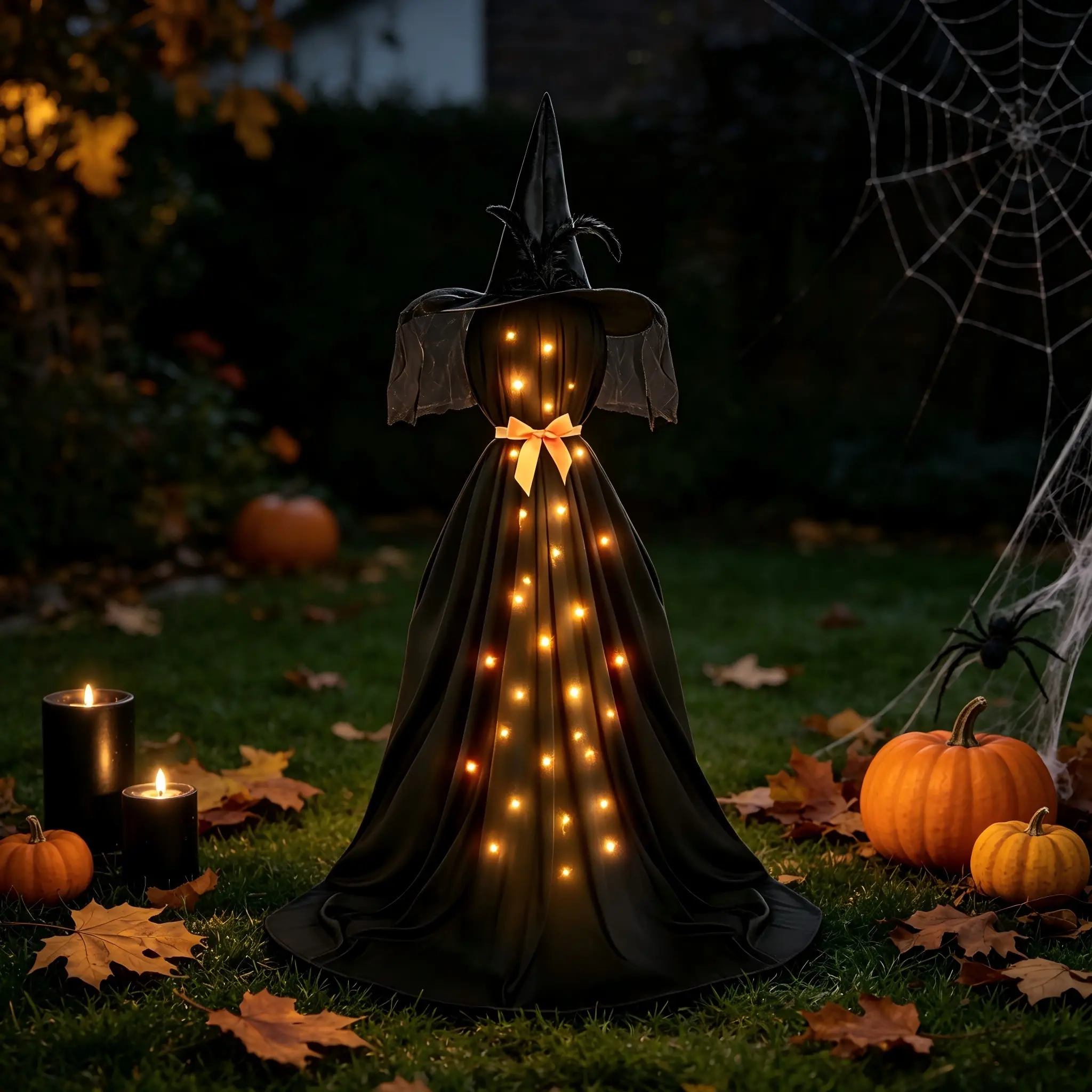 Halloween Glowing Mesh Ghost Hat, Witch Hat with Bow, Portable Tripod Stand, String Lights & Remote, Battery Powered, Perfect for Porch, Garden Decor