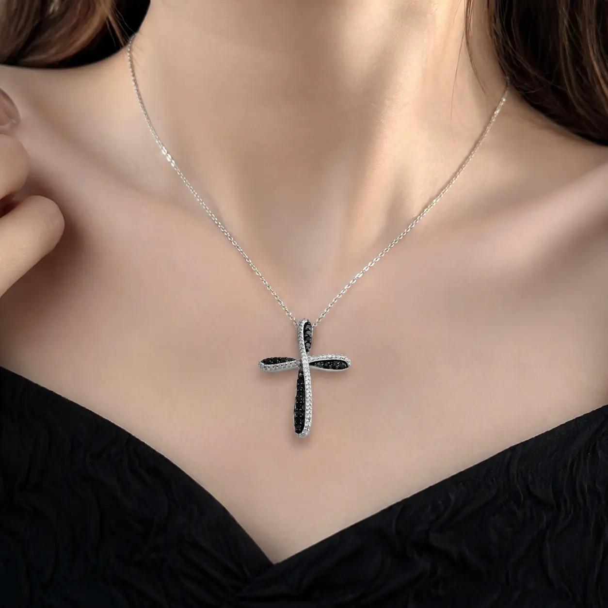 Women Twisted Cross Pendant Necklace, Alternating Black And Clear Cubic Zirconia, Silver Plated Fashion Religious Faith Jewelry
