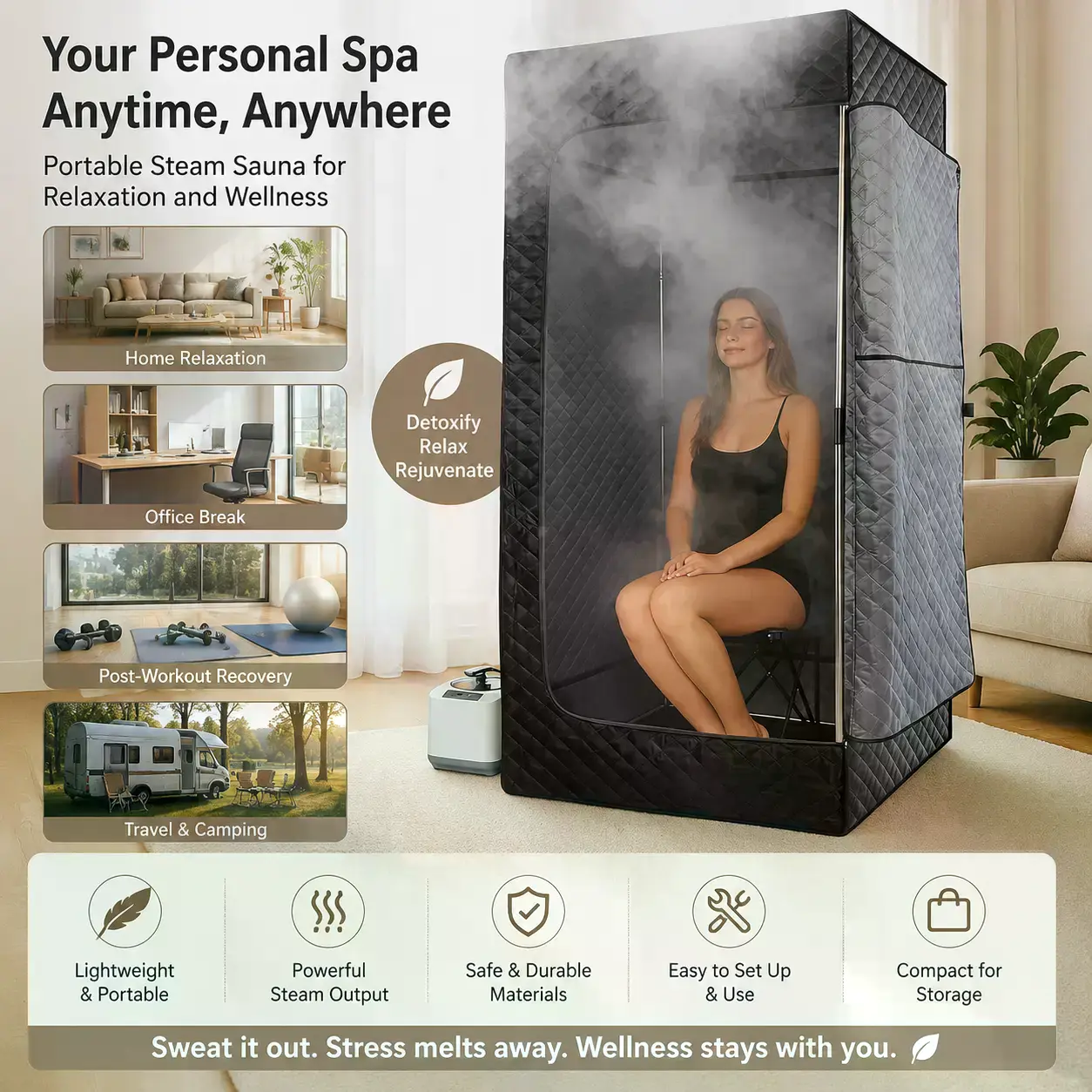 Portable Steam Sauna Tent for Home, Camping & Hiking Camping Shelter with 9 Adjustable Temperature Levels, Foldable Chair, Remote Control, Detachable Portable Build, Space-Saving Design for Body Detox & Stress Relief, Wellness