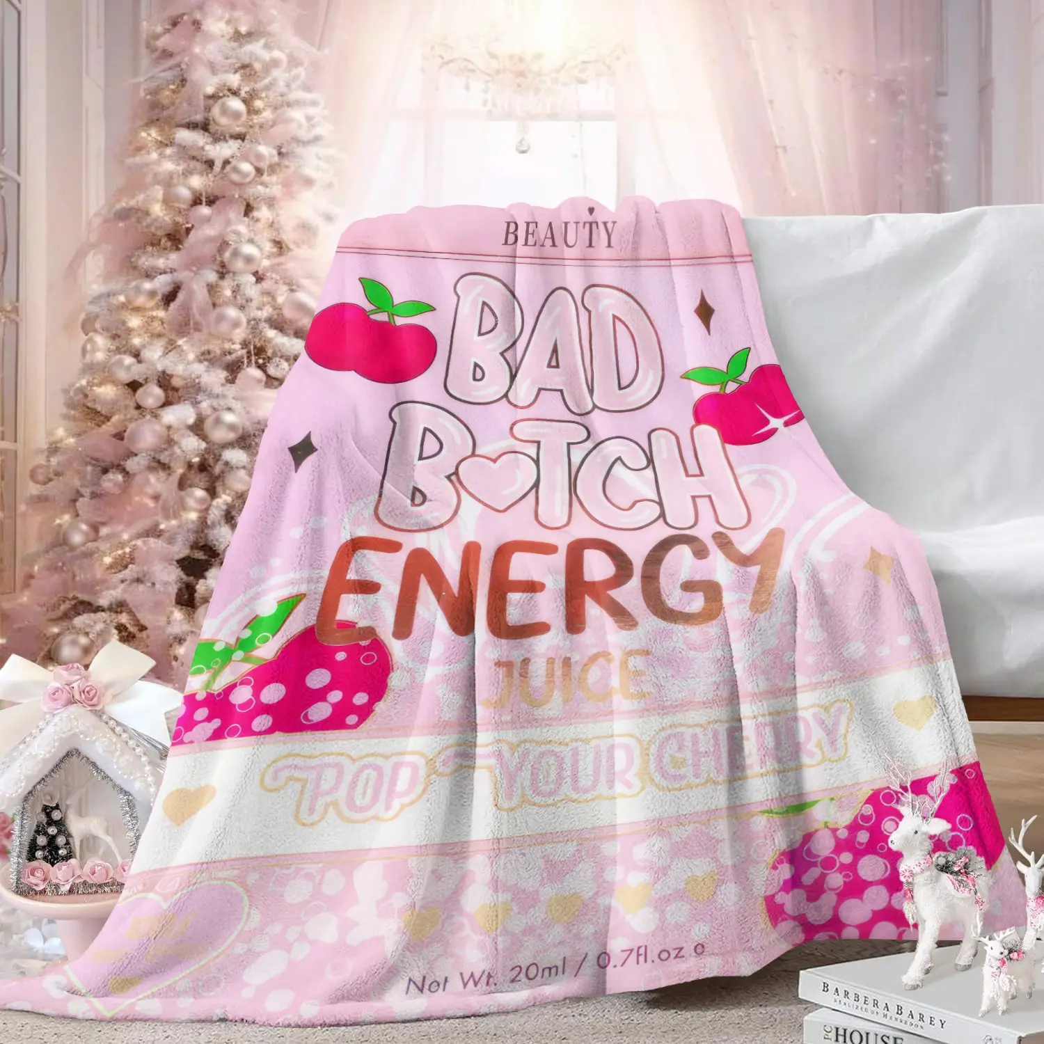 Pastel Pink Cherry Juice Quote Print Funny Flannel Blanket With Bad Bitch Energy, Multi-Functional Indoor Outdoor Sofa Couch Bed Blanket Cover For Picnic, Movie Night, Car, Bedroom, Lightweight Cozy Throw, Girls Trip Birthday Gift