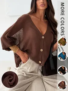 Trendy Sheer Panel Batwing Knit Cardigan | Deep V-Neck Button Down Oversized Top | Women's Casual Breathable Summer Outfit