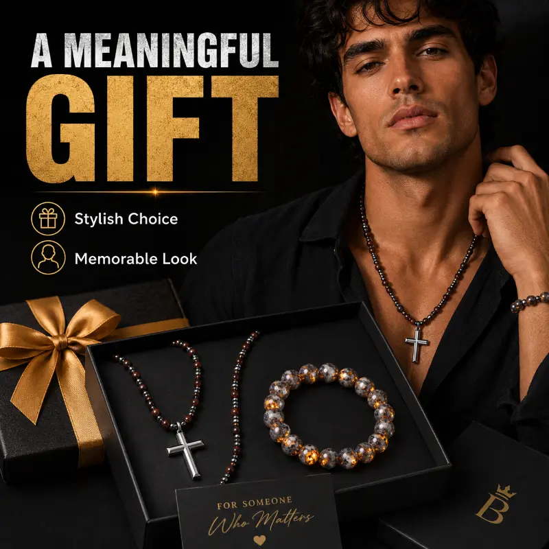Men's Costume Jewelry Set - Cross Motif Link Chain Necklace & Stone Beads Bracelets, Trendy Beachwear Matching Accessories, Ideal Gift for Men