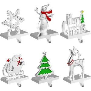 6 Pack Christmas Stocking Holders Snowflake Snowman Tree Reindeer Heavy Weighted Hooks for Mantel Fireplace Windows Indoor Decorations Silver