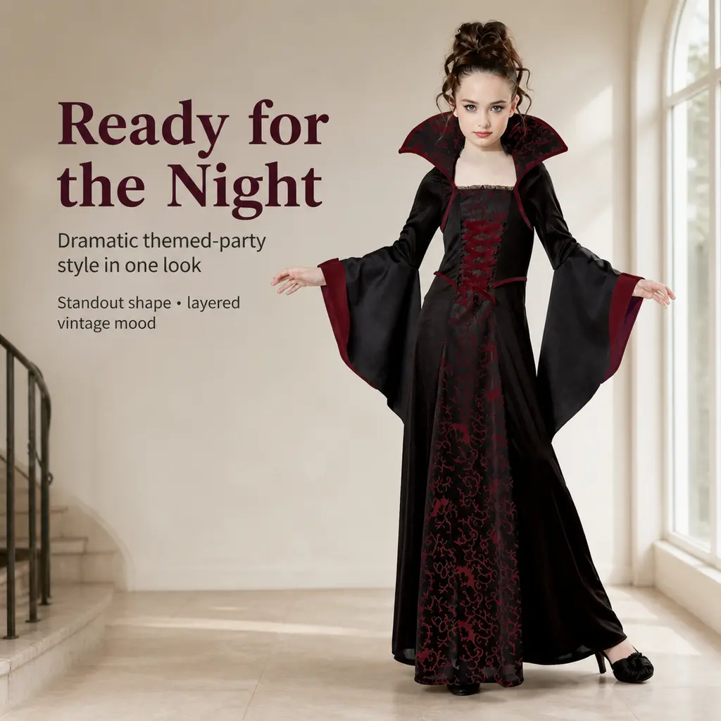 Girls' Retro Gothic Vampire Queen Long-Length Cosplay Gown - Flare-Sleeve Halloween Party Costume
