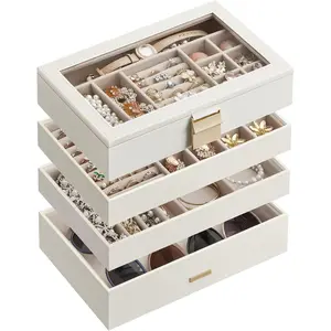 GISELLA Collection - Stackable  Trays, 4-Tier  Box, Drawer  Organizer, with Glass Lid, Removable Dividers, 6.7 x 11 x 7.2 Inches,  Idea, Cloud White UJBC164W01