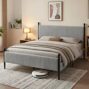 Upholstered Bed Frame with Velvet Headboard, Corduroy Fabric Platform Bed with Wooden Slats & Metal Feet, No Box Spring Needed, Easy Assembly