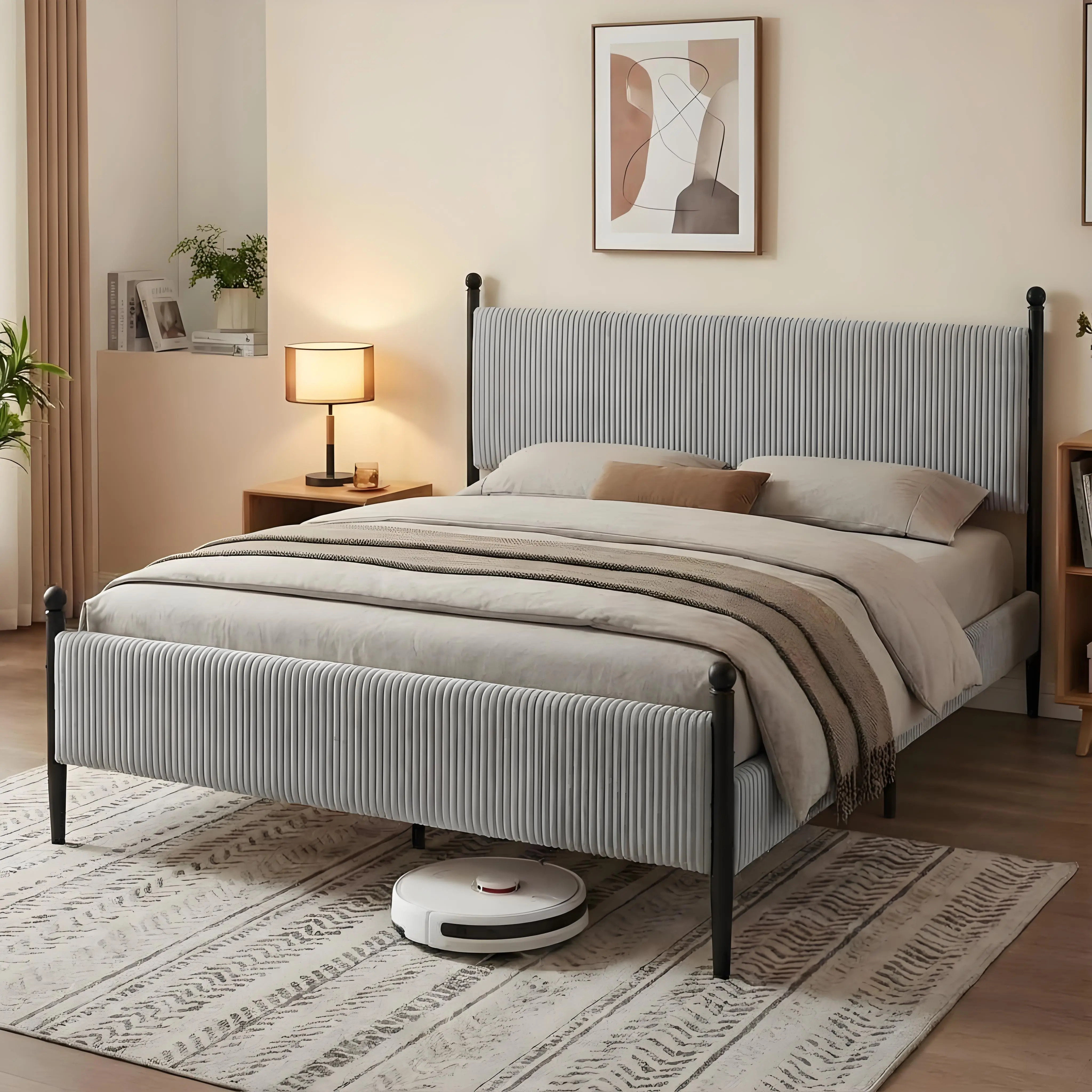 Upholstered Bed Frame with Velvet Headboard, Corduroy Fabric Platform Bed with Wooden Slats & Metal Feet, No Box Spring Needed, Easy Assembly