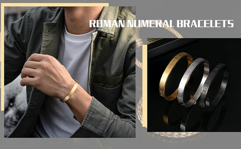 YADOCA 3Pcs Stainless Steel Bracelets for Men Roman Numeral Bangle Bracelet Adjustable Cuff Bracelet Twisted Cable Bracelet Mens Luxury Bracelets Jewelry Gifts Gold/Silver/Black