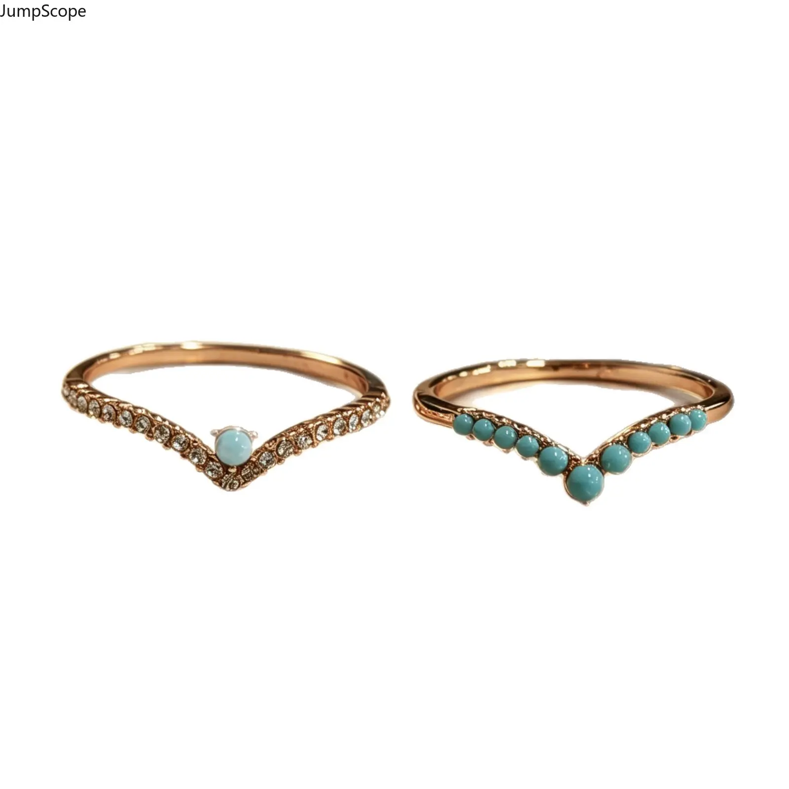 Rose Gold V-Shaped Crown Stackable Ring Set, Turquoise & Cubic Zirconia Inlaid Bands, Vintage Palace Style Dainty Women Bridal Finger Jewelry