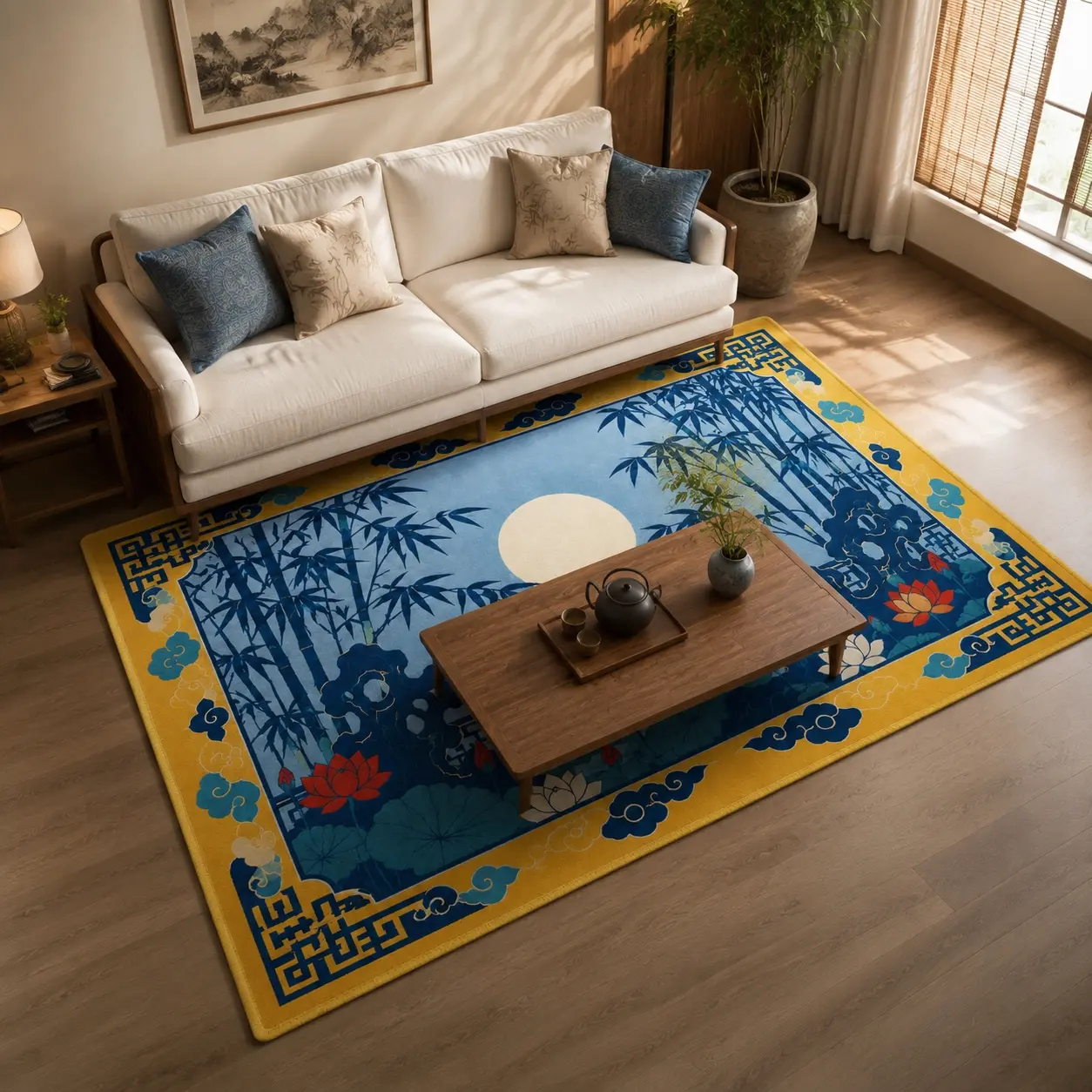 Chinese Garden Night Scene Rug Plush Faux Cashmere High-Definition Print Bamboo Moon Lotus Pattern Living Room Bedroom Non-Slip Machine Washable Rug