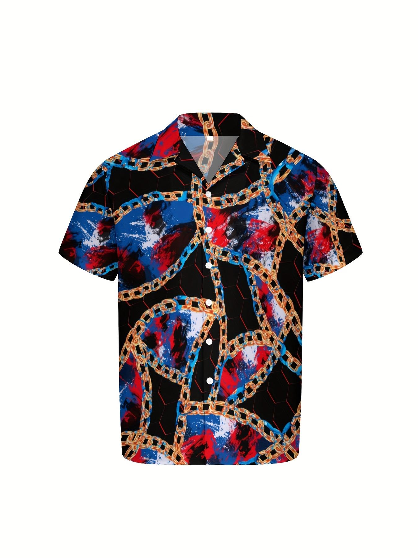 3pcs Men'S Hawaiian Shirt And Short Set, Golden Chain Luxury Baroque Graffiti Style Soft Fabric Breathable Shirt Button Short Sleeve Casual Beach Shirts Outfits With Bucket Hats