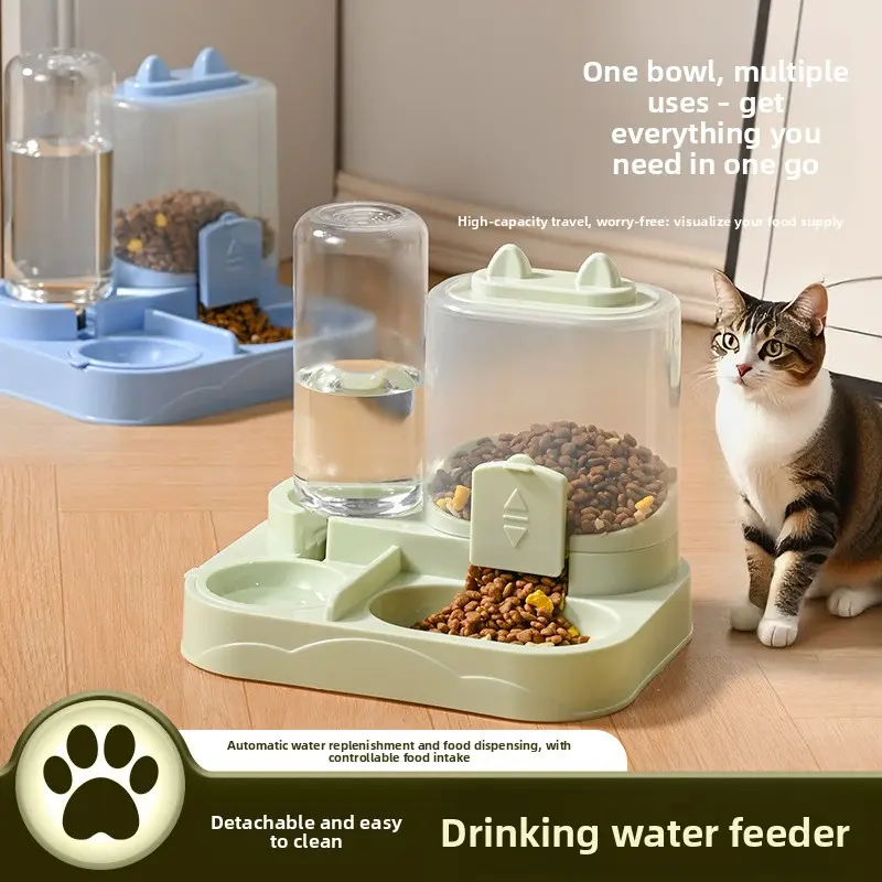 2-in-1 Automatic Pet Feeder Water Dispenser, Anti-Spill Large Capacity Cat Dog Double Bowl, Detachable & Washable