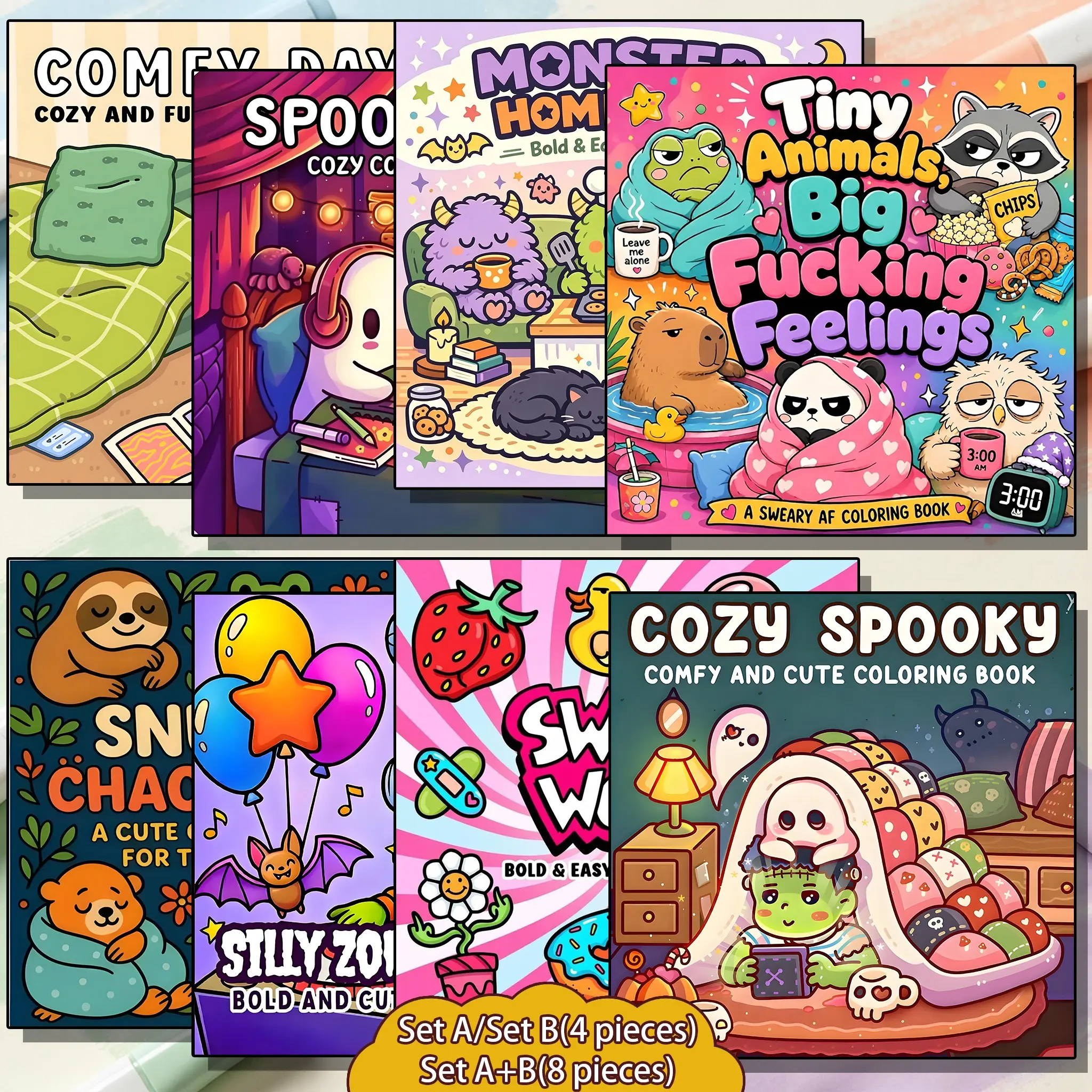 Cozy Spooky Bold & Easy Coloring Book Set Activity Book, 4/8 Pieces, Cute Monster & Tiny Animal Adult Coloring Pages, Stress Relief Relaxing Coloring Book Bundle,Perfect for Daily Leisure & Holiday Gifts,Back-to-school gifts,Halloween gifts