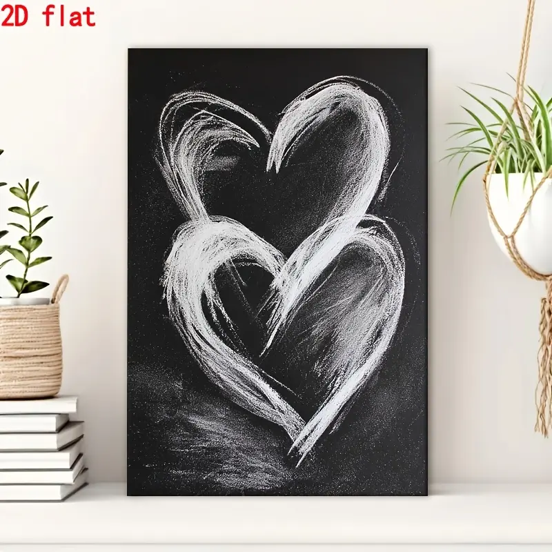 2D Flat Valentine's Day Romantic Hearts Framed Canvas Print - 1-Piece, Multi-Size, Black Chalk Overlays, White Heart, Wooden Frame Modern Rustic Home Wall Decoration - Bedroom Use, Romantic Durable Gift for Couples, Wardrobe, 4Th Of July