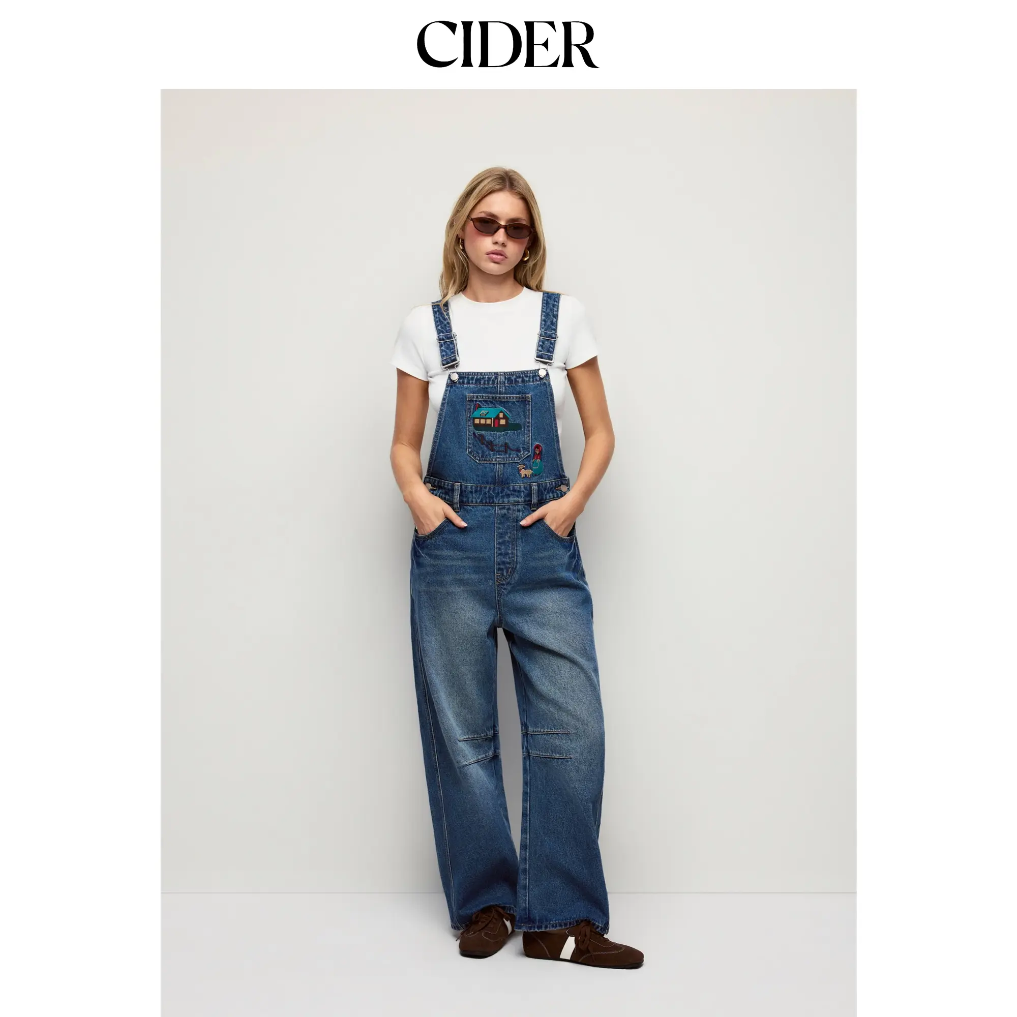 Cider Denim Low Rise Embroidery Graphic Oversized Barrel-leg Overalls