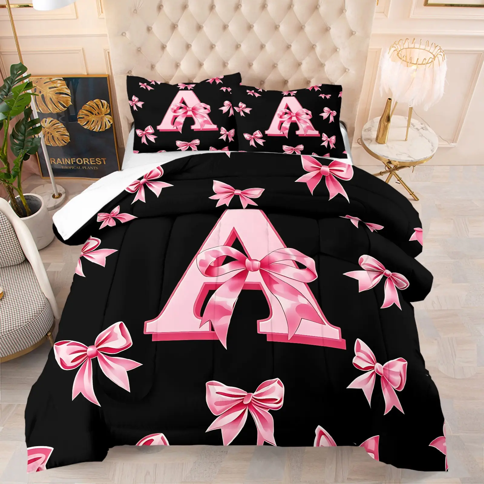 Coquette Aesthetic Pink Bow Letter A Print Comforter Set, Includes 1 Comforter and 1-2 Pillowcases, Girly Bowknot Initial Letter Pattern Print, Gift for Kids, Teens and Adults, Sweet Decor Gift for Coquette Style Fans