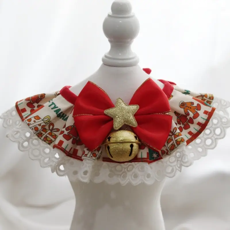 Christmas Pet Collar and Bib Set Lace Trim for Cats and Dogs Festive Pet Accessories Xmas Dog Collar with Bowtie Design