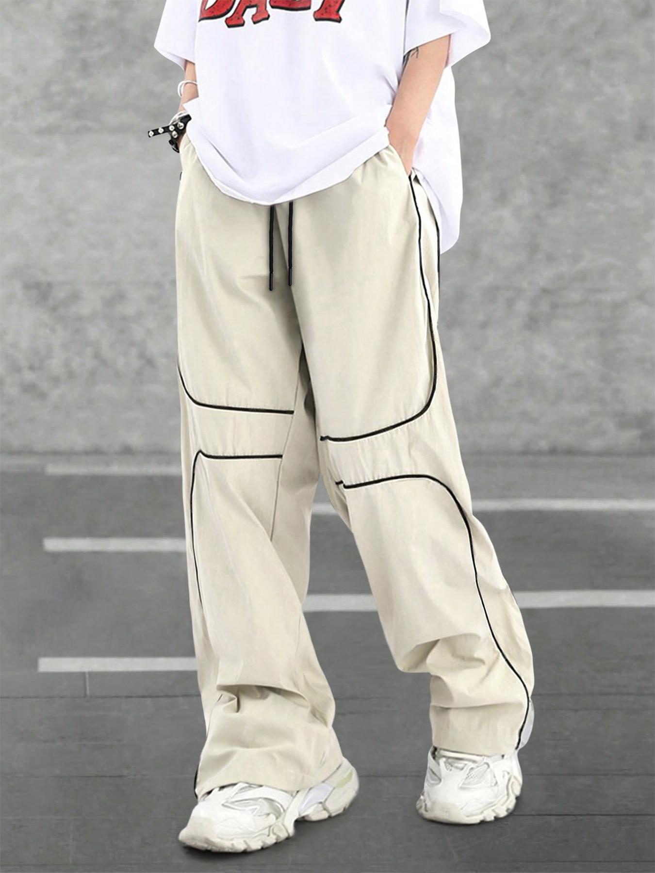 Men's Loose Letter Patched Contrast Binding Pocket Detail Drawstring Cargo Pants, Mens Pants, Casual Trousers for Spring Fall Winter