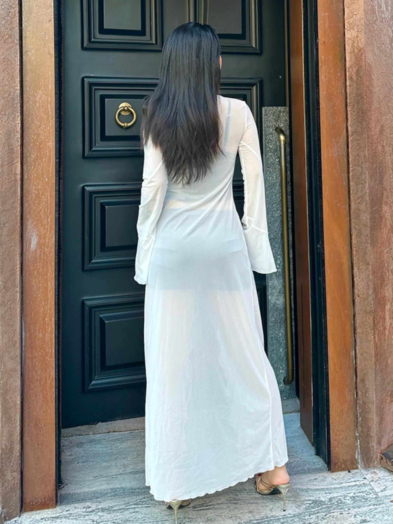 Women's Solid Sheer Ruffle Trim Tie Front Long Lightweight Mesh Cardigan Coat, Long Sleeve Open Front Outerwear for Spring & Fall, Ladies Clothes for Party Holiday