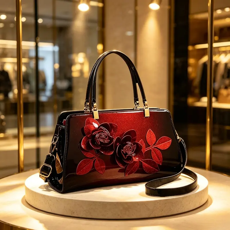 Ladies' elegant handbag, 3D rose top handle handbag with detachable straps, luxurious formal dinner party handbag