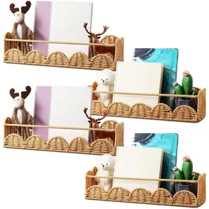 Pinkunn 4 Pcs Scalloped Rattan Wall Shelves Boho 15.75"x 3.94" Floating Rattan Scalloped Book Shelf Decorative Wall Mounted Bookshelf for Kids Nursery