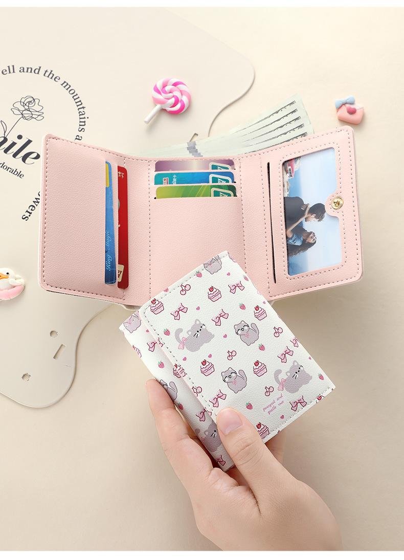 Strawberry Bear Print Wallet for Women Cute 3-Fold Short PU Leather Purse with Card Slots ID Window Portable Coin Purse for Everyday Carry