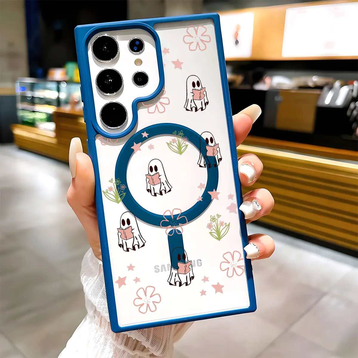 Reading Ghost And Flower Pattern Clear Magnetic Phone Case, Compatible with MagSafe Silicone Bumper Protective Cover For Samsung S26 S25 S24 S23 S22 Ultra Plus FE, Halloween Unique Book Lover Gift