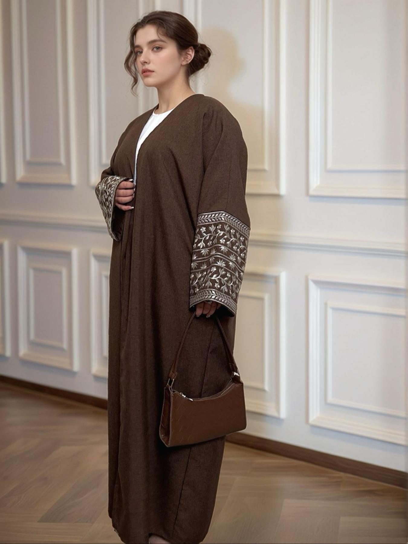 Women's Floral Embroidery Ethnic Pattern Open Abaya Cardigan with Pocket Round Neck Batwing Dress, Casual Modesty Long Sleeve Long Dress for Daily Wear, Modesty Muslim Clothing, Women's Islamic Clothing for All Seasons