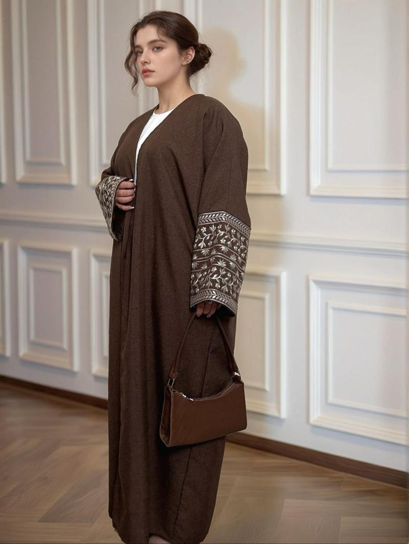 Women's Floral Embroidery Ethnic Pattern Open Abaya Cardigan with Pocket Round Neck Batwing Dress, Casual Modesty Long Sleeve Long Dress for Daily Wear, Modesty Muslim Clothing, Women's Islamic Clothing for All Seasons