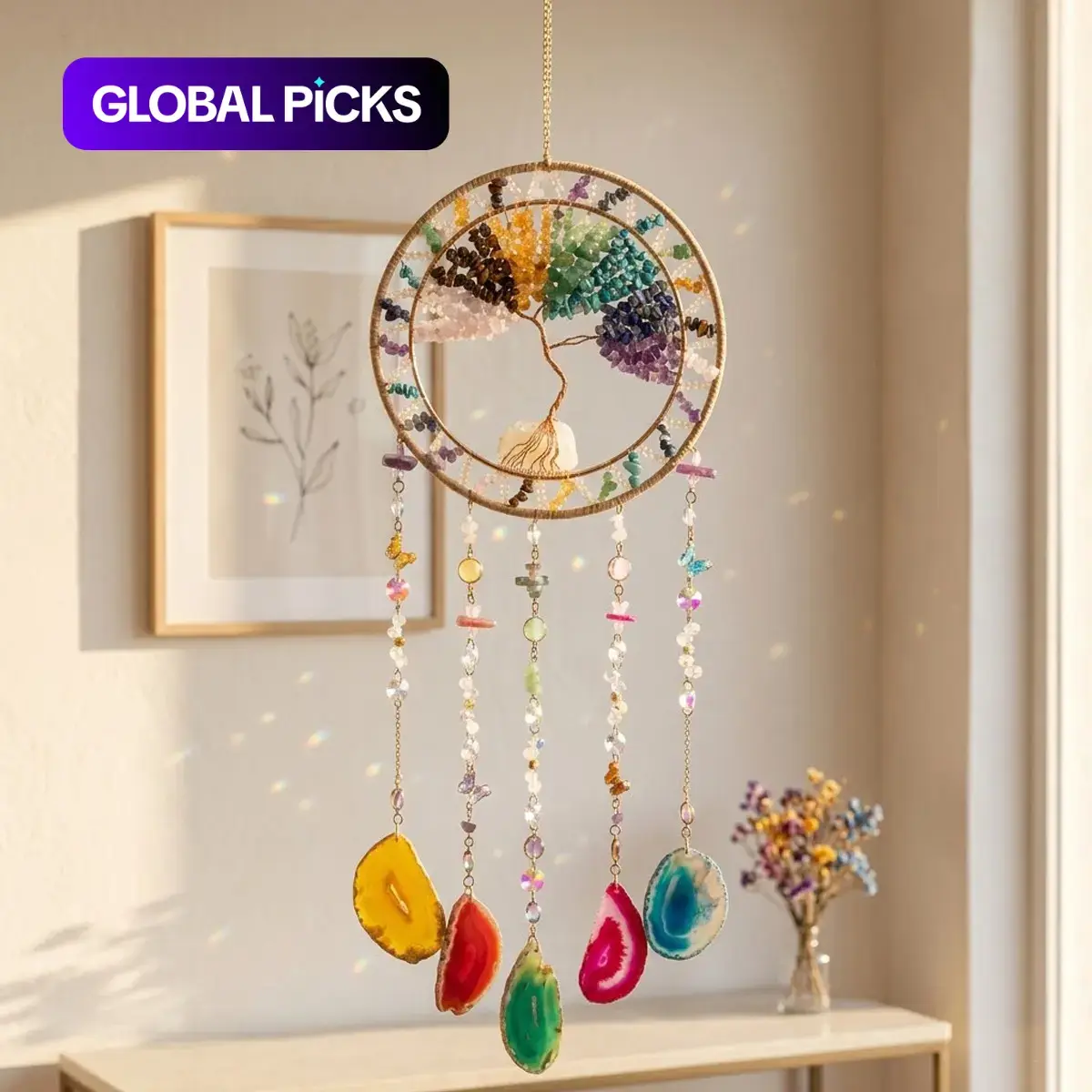 Handmade Tree of Life Crystal Dream Catcher Sun Catcher, Boho Gemstone Hanging Ornament with Natural Agate Slice Pendant, Creative Wall Decor for Bedroom, Garden, Window, Home Wall Decoration, Home Decorative Ornament, Birthday Gift #GLOBAL PICKS