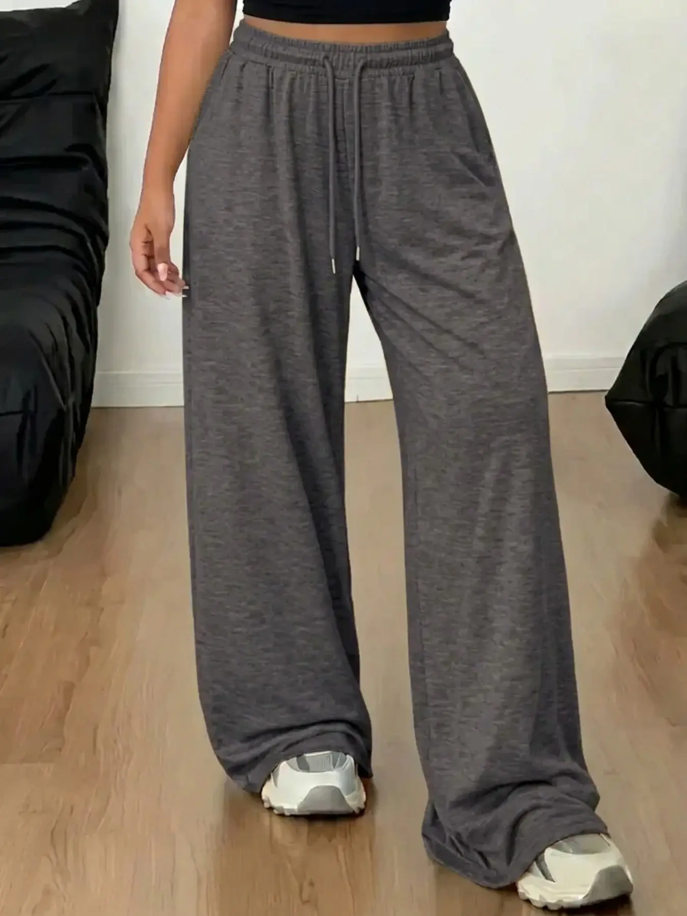 Women's Autumn Casual Solid Color Elastic Waist Drawstring Wide Leg Long Pants, Comfortable Thin Sweatpants for Daily Wear