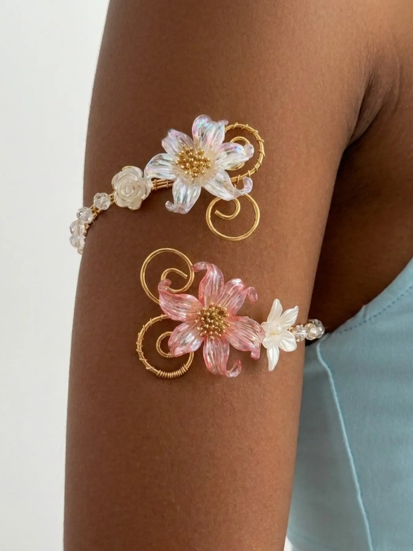 Iridescent Gradient Lily Rose Crystal Golden Wire Arm Cuff Adjustable Spiral Upper Arm Bracelet Handmade Floral Armband Boho Fairy Bridal Beach Statement Jewelry Flower Bracelet
