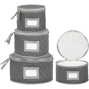 Set of 4 Quilted Fine China Dinnerware Storage Cases, Gray, Sizes 12"-10"-8"-7" Wide, 48 Felt Plate Separators Included