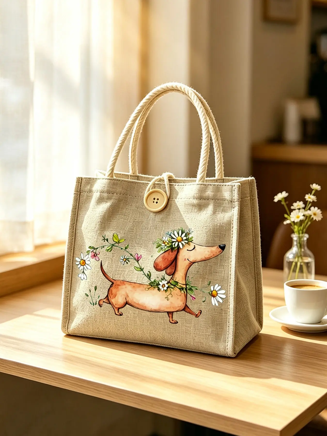 Daisy Watercolor Weiner Dog Print Cotton Linen Handbag, Cute Cartoon Pattern, Button Design, Daily Commute Shopping Bag, Women's Versatile Canvas Bag, Chic Handbag, Daily Commuter Bag
