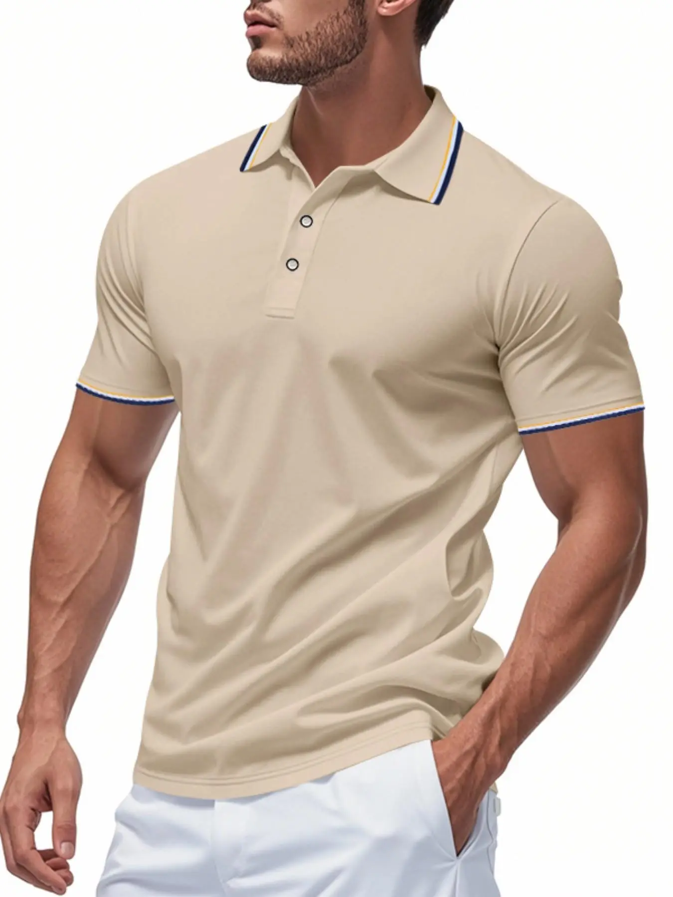 Summer Men's Colorblock Striped Collar Short Sleeve Polo Shirt, Breathable Knit Fabric, Comfortable and Moisture-Wicking, Versatile Casual Wear