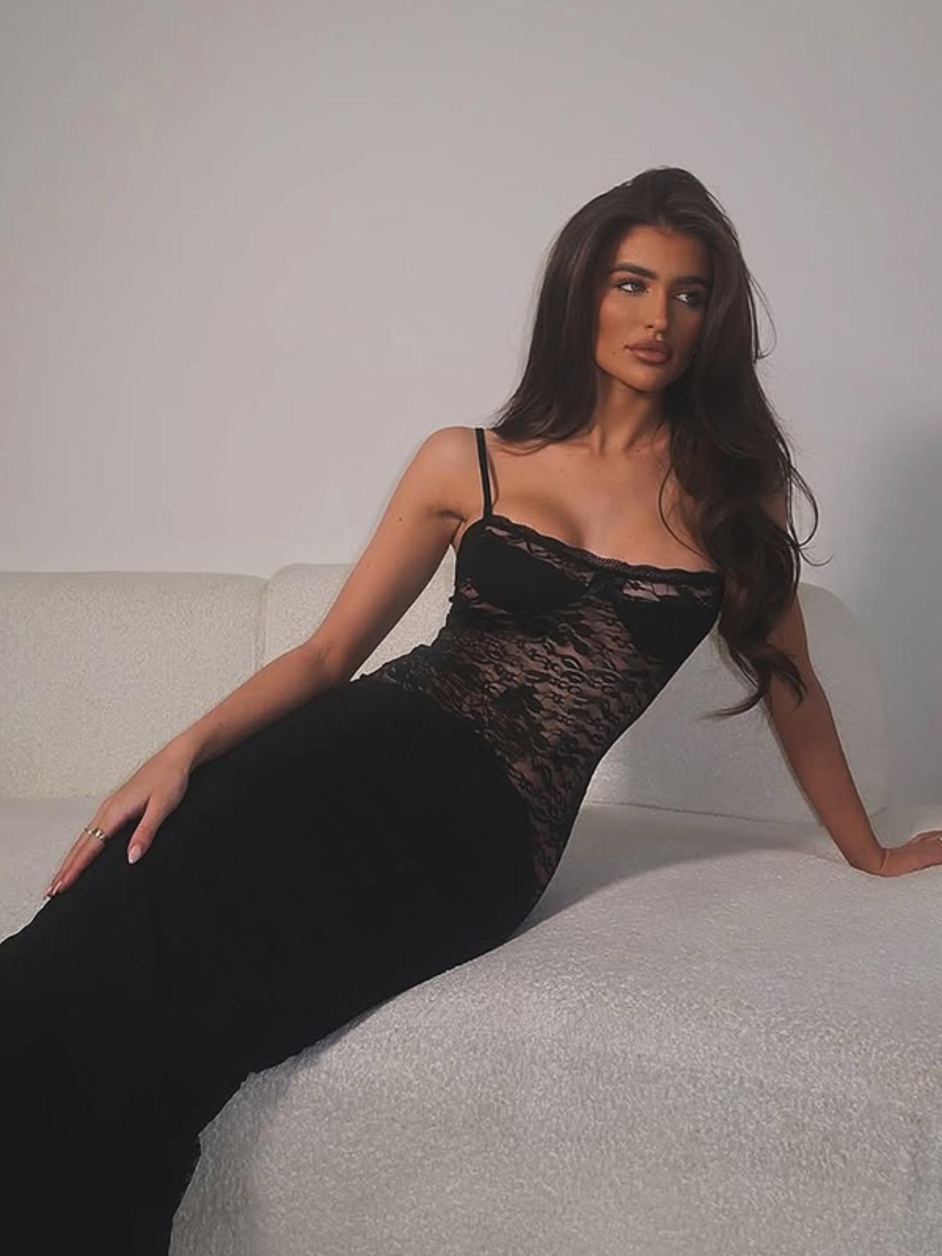 Women's Solid Color Lace Dress, Sexy Fashion Cami Dress for Party Club Dating Wear, Women's Dress for Summer