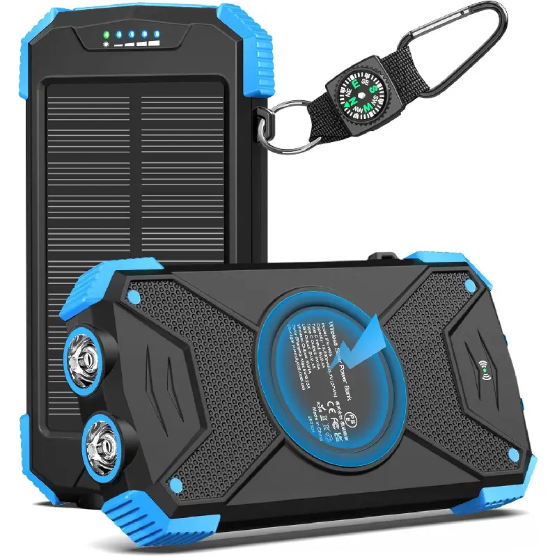Solar Power Bank 10,000mAh, Portable Wireless Charger, 20W Fast Charging External Battery Pack with USB C for Cell Phones, Solar Panel Charging with Dual Flashlight for Camping