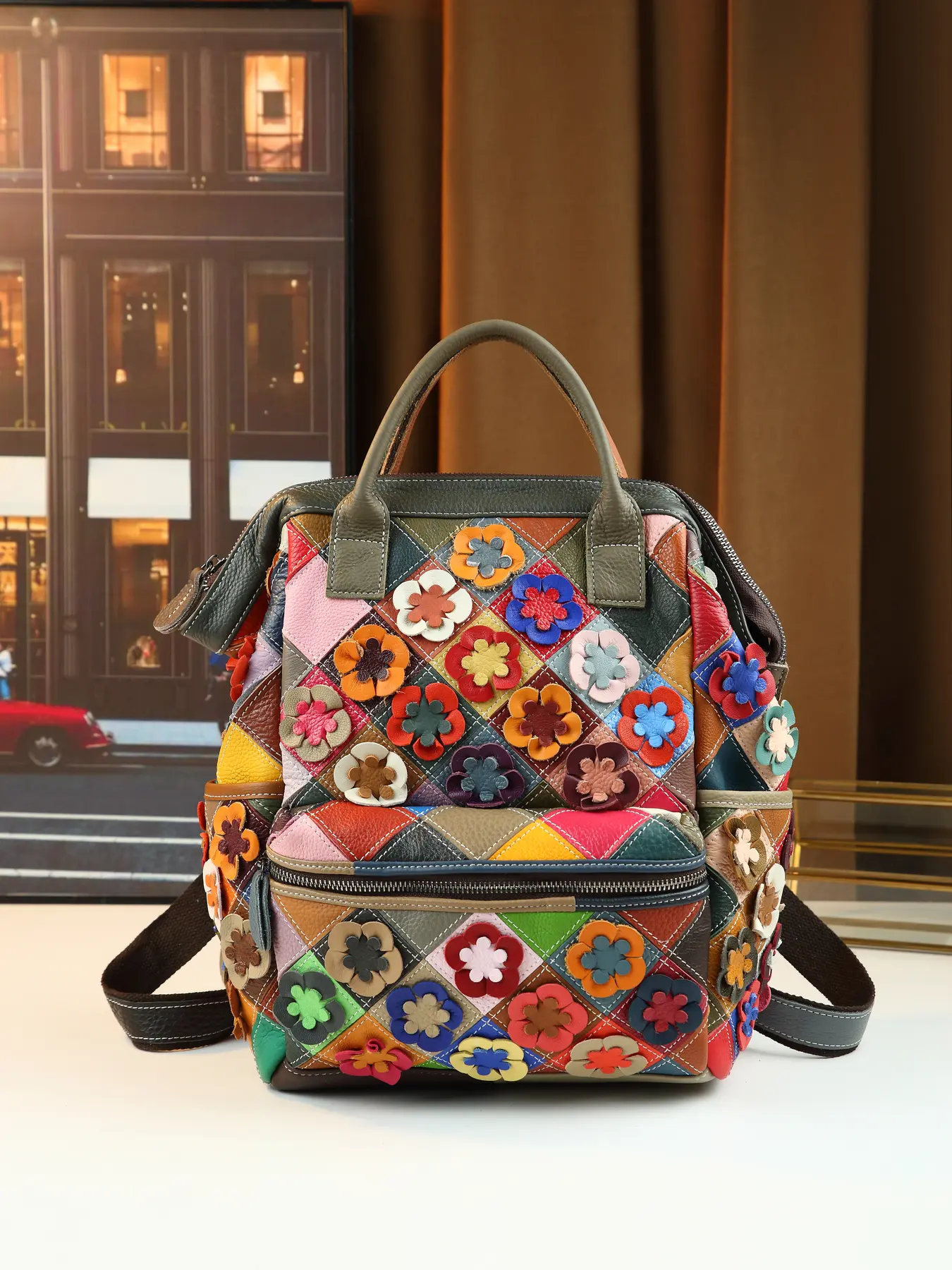 Cross-border fashion bohemian leather block applique women's retro large capacity everyday backpack