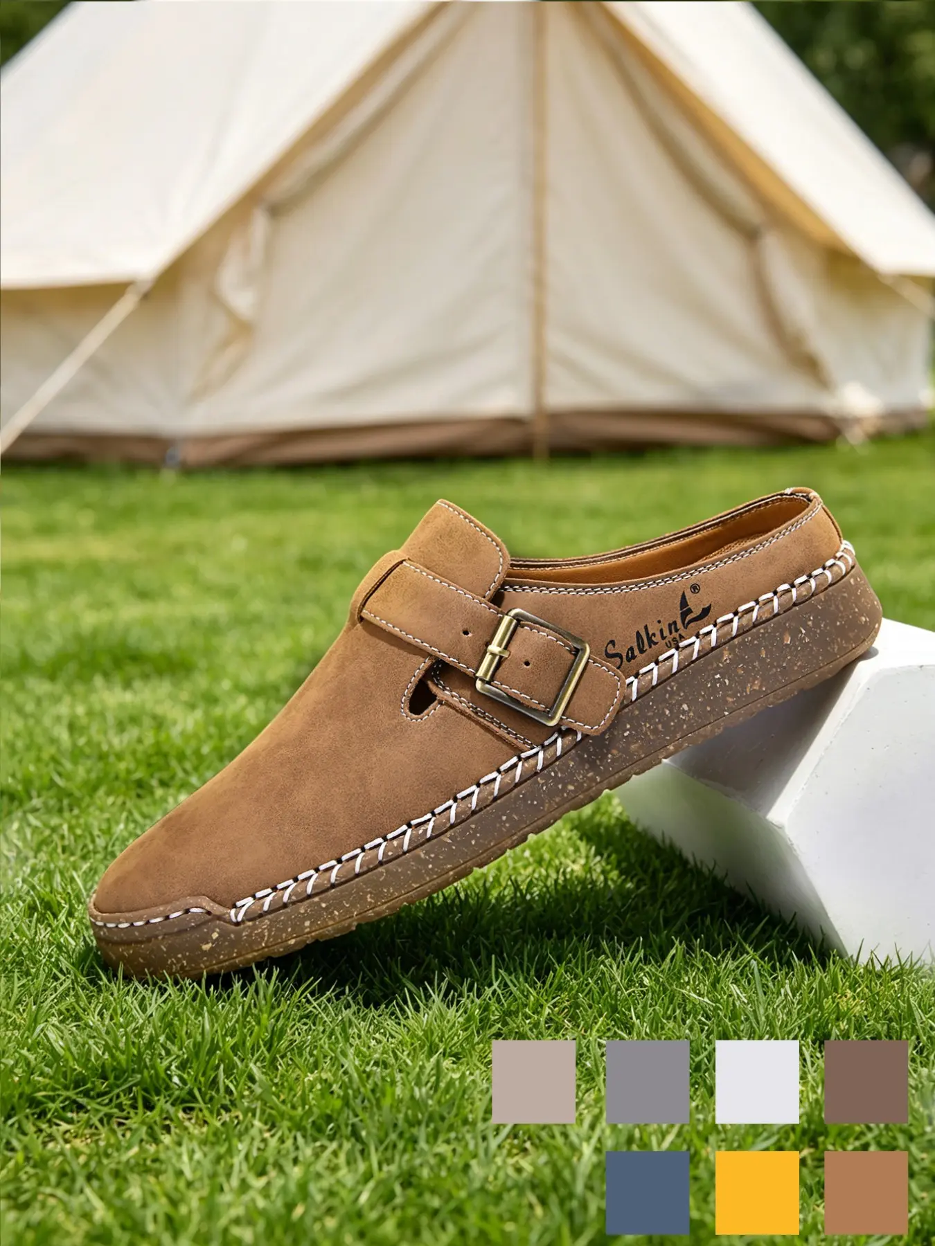 Men's Mules Lightweight Breathable Non-Slip Wide Width Cushioned Backless Loafers Walking Shoes Backless Flat Slip-Ons Retro All Seasons Beige Microfiber Leather for Office Work Casual Big Size 9.5-11.5 Footwear