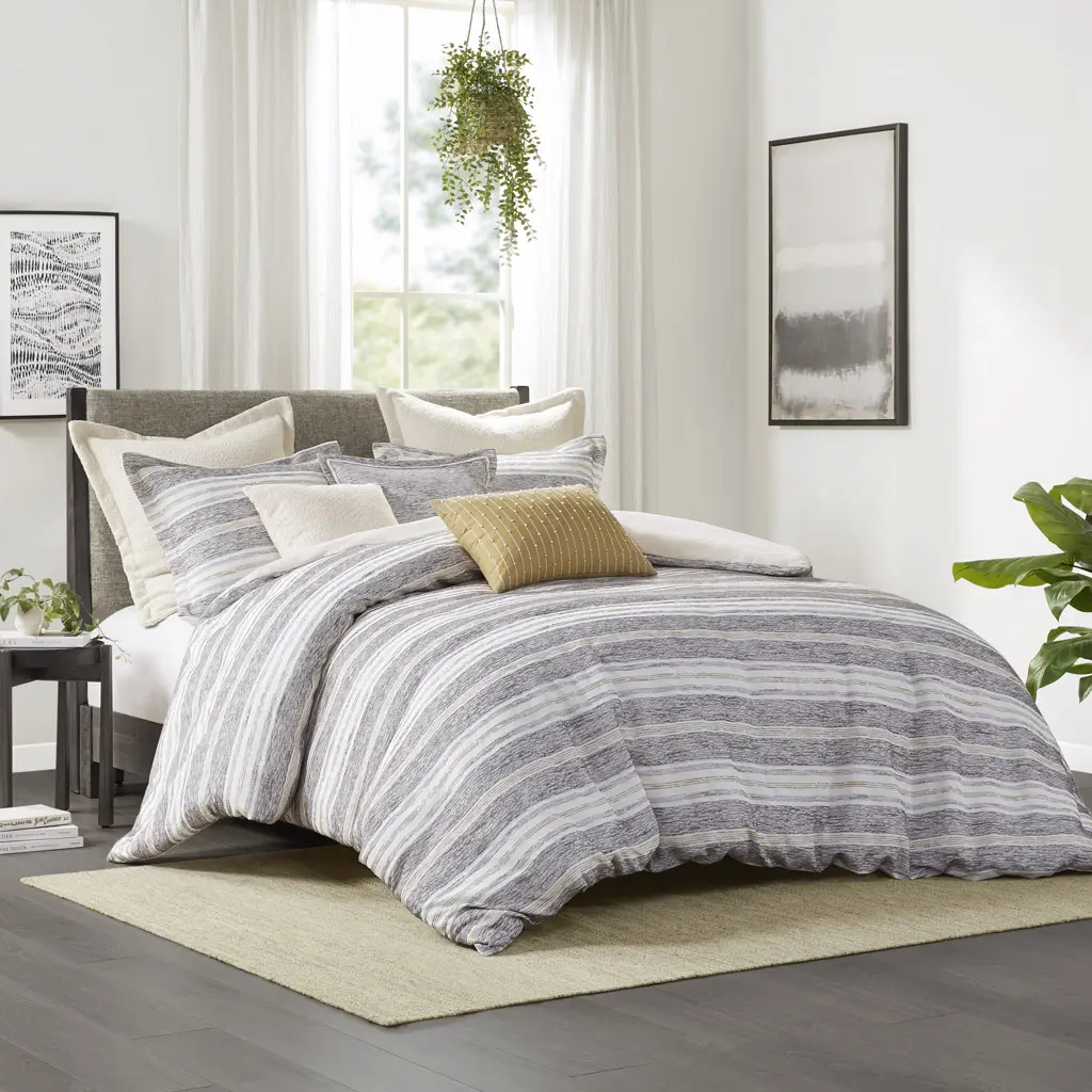 Nokaa Oversized Chenille Jacquard Striped Comforter Set with Euro Shams and Throw Pillows, Soft Textured Bedding, Charcoal, Cotton, All-Season Comfort, Machine Washable Filler, Cozy Bedroom Decor