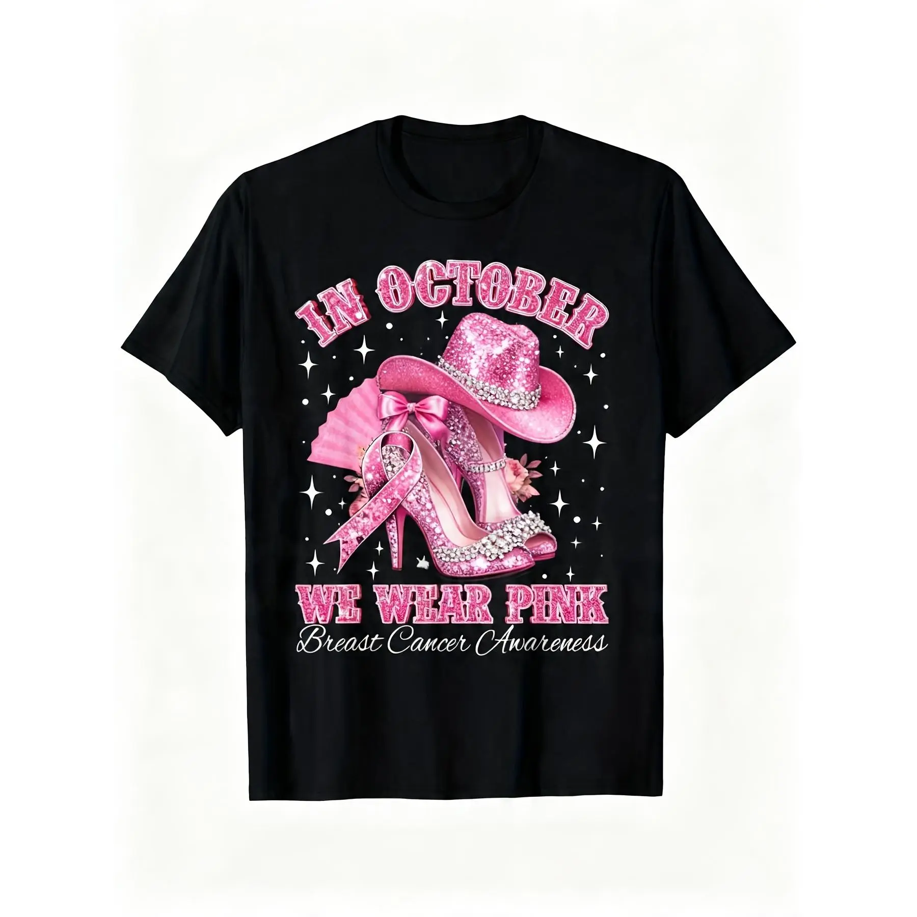 Retro Breast Cancer Awareness Cotton Knit Crew Neck Short Sleeve Top - Multi-Size, Pink Cowboy Boot Art Print, Tribute to Fighters, Daily Casual Sports Wear